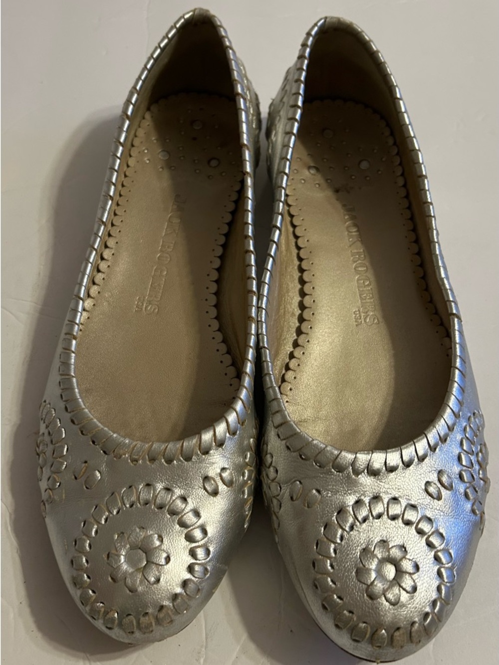 Jack Rogers Silver Metallic Floral-Embroidered Ballet Flats